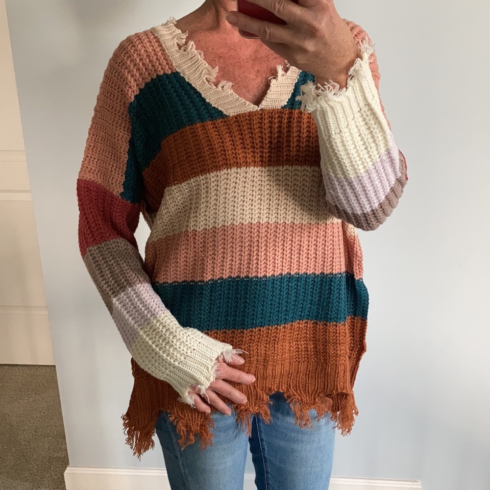 Oversized, Distressed Striped Sweater - Picture 8 of 8